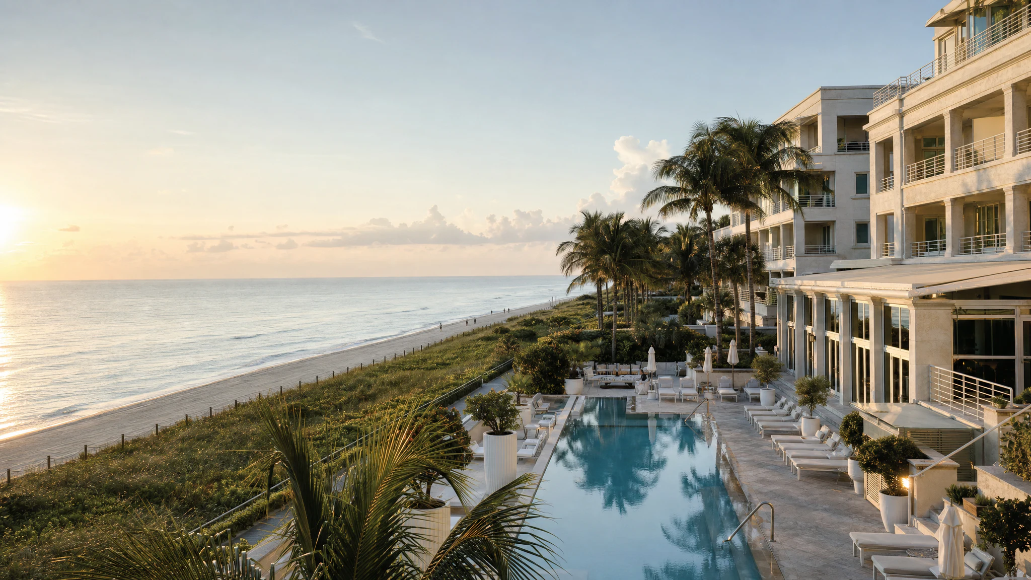 A serene Bal Harbour beachfront hotel at sunrise